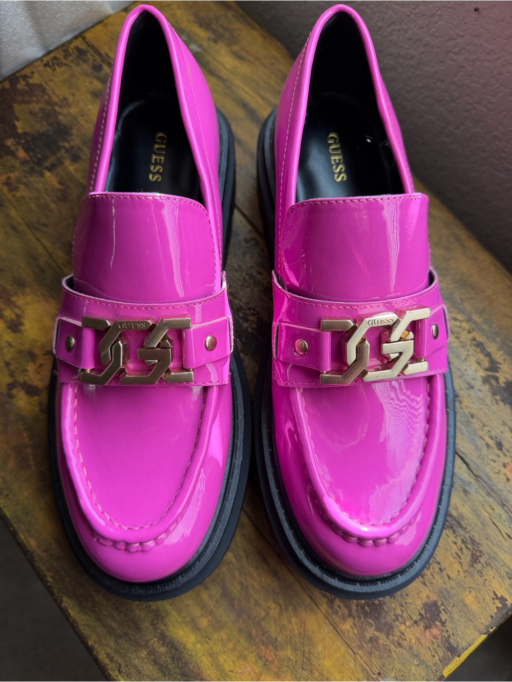 GUESS Women's Pink Patent Platform Loafers